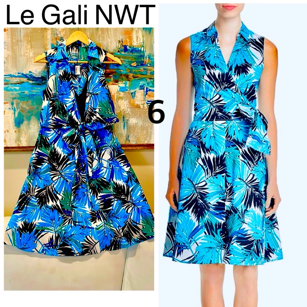 NWT S (fits 6) LE GALI cotton dress tropical turquoise teal navy bow wrap Aline